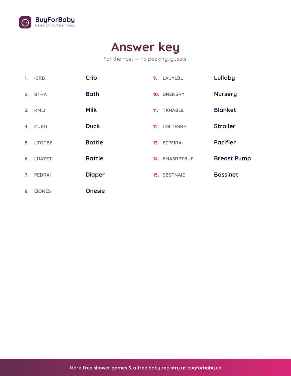 Baby Word Scramble answer key