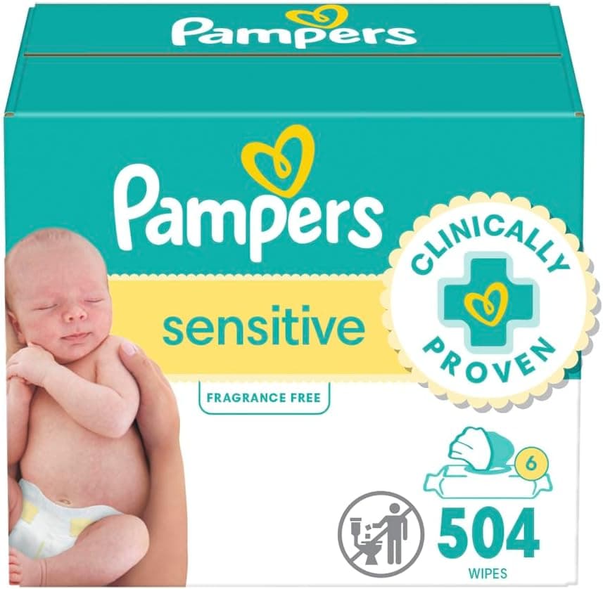 Pampers Sensitive Baby Wipes, Clinically Proven, Water Based, Hypoallergenic and Unscented Baby Wipes, 504 Baby Wipes Total (6X Flip-Top Packs)