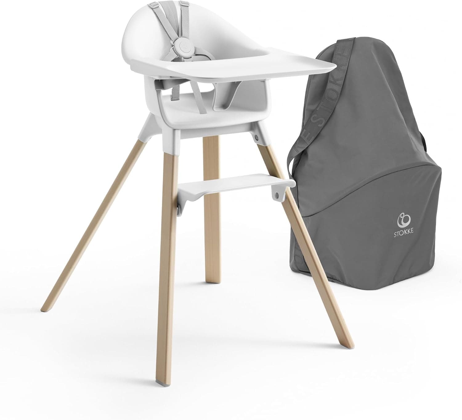 Stokke Clikk High Chair (Cloud Grey) + Travel Bag (Grey) - All-In-One High Chair with Tray + Harness - Light, Durable & Travel Friendly - Best for 6-36 Months or Up to 33 lbs
