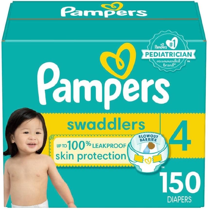 Pampers Swaddlers Diapers, Size 4 (15-34 lbs), 150 Count, Absorbent, Keeps Baby Dry and Comfortable, Skin Safe Disposable Baby Diaper