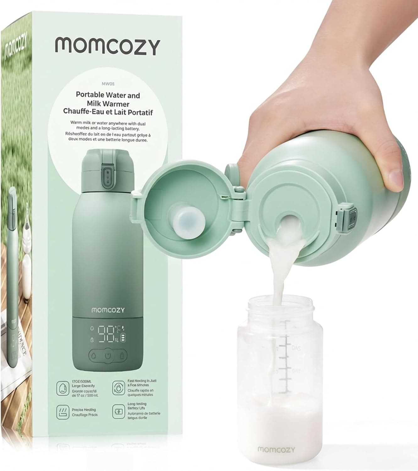 Momcozy Portable Milk Warmer for Travel – Dual Heating for Breast Milk & Water, Fast Heating, Long Battery Life, 17 oz Large Capacity for All-Day Feeding Convenience