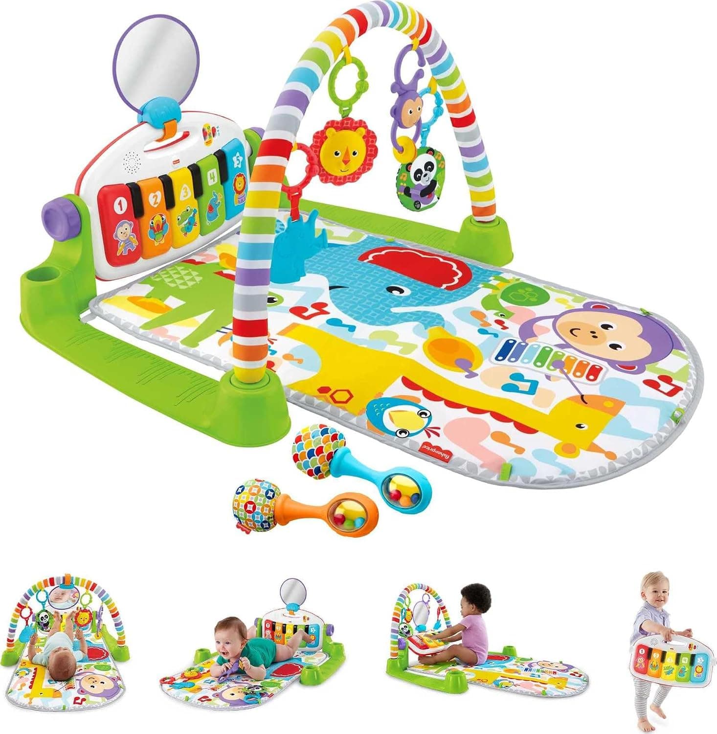 Fisher-Price Baby Playmat Deluxe Kick & Play Piano Gym Learning Toy & 2 Maracas Soft Rattles for Newborn to Toddlers Ages 0+ Months