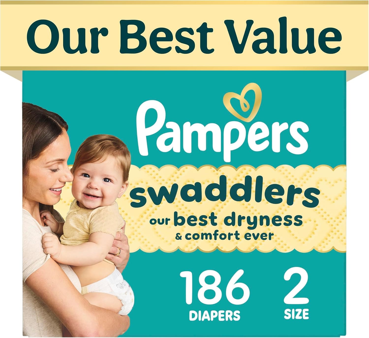 Pampers Swaddlers Diapers, Size 2, Absorbent, Keeps Baby Dry and Comfortable, Pediatrician Recommended Skin Safe Disposable Baby Diaper, 1 Pack (Count of 186)