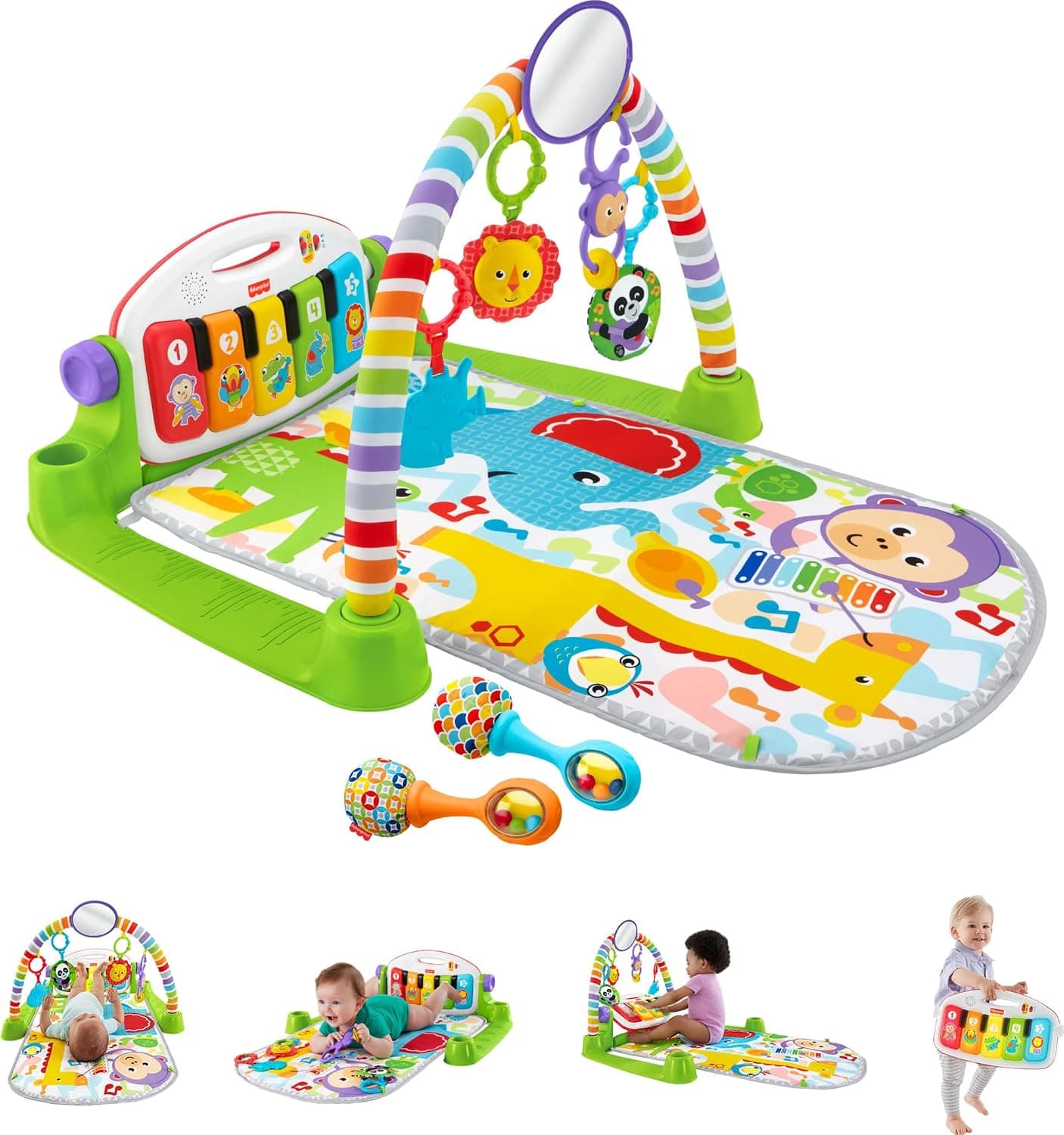 Fisher-Price Baby Playmat Deluxe Kick & Play Piano Gym Learning Toy & 2 Maracas Soft Rattles for Newborn to Toddlers Ages 0+ Months