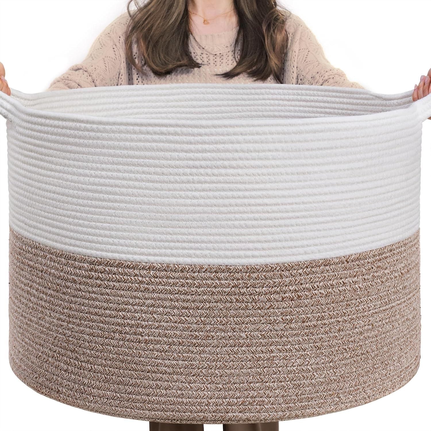 INDRESSME XXXLarge Cotton Rope Basket 21.7" x 21.7" x 13.8" Woven Laundry Basket for Blankets, Storage Basket with Handle Comforter Cushions Storage Bins Thread Laundry Hamper